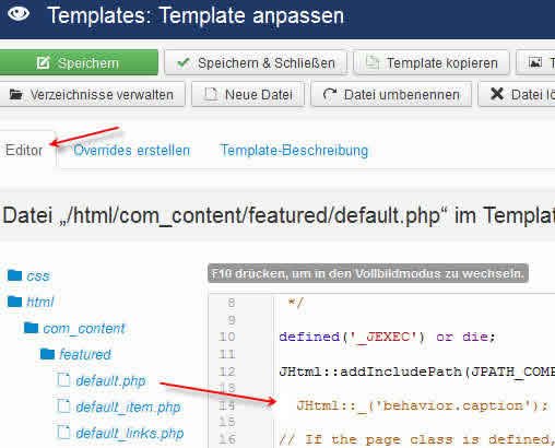 Im Override /html/com_content/featured/default.php die magische JHtml-Zeile wieder aktivieren