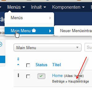 Im Backend entdeckt: Der "Übeltäter". Der Menüeintrag "Beiträge > Haupteinträge" der Erweiterung "com_content"