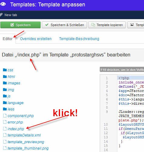 Im Template-Editor findet man links die Dateien, die man durch Anklicken zur Bearbeitung öffnet.